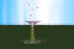 Schema: Windkraftanlage mit vertikaler Bepflanzung
(Vorbild: Supertrees aus “Gardens by the Bay” in Singapur)